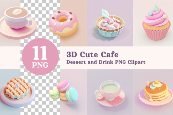 3D Cute Cafe Dessert and Drink PNG