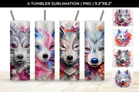 3d Floral Fantasy Husky Tumbler Wrap PNG
