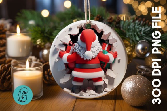 3D Santa Break Through Ornament PNG B