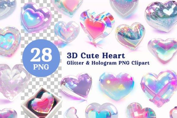 Cute 3D Glitter Hologram Heart Clipart