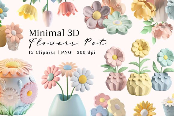 Pastel Cute 3D Flowers Pot PNG Clipart